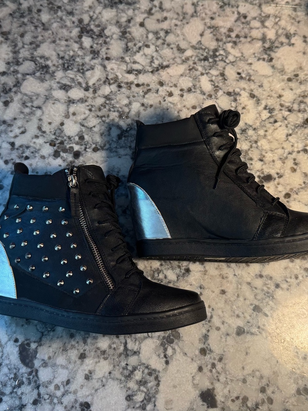 N.Y.L.A. Dupree Black Wedge Sneakers with Silver Heel Accent